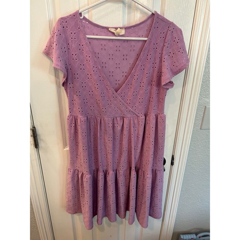 Jessica Simpson Mini Dress Purple Eyelet Tiered Babydoll V-Neck Lavender